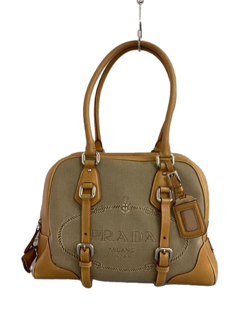 Prada Bauletto bag brown jacquard leather trim